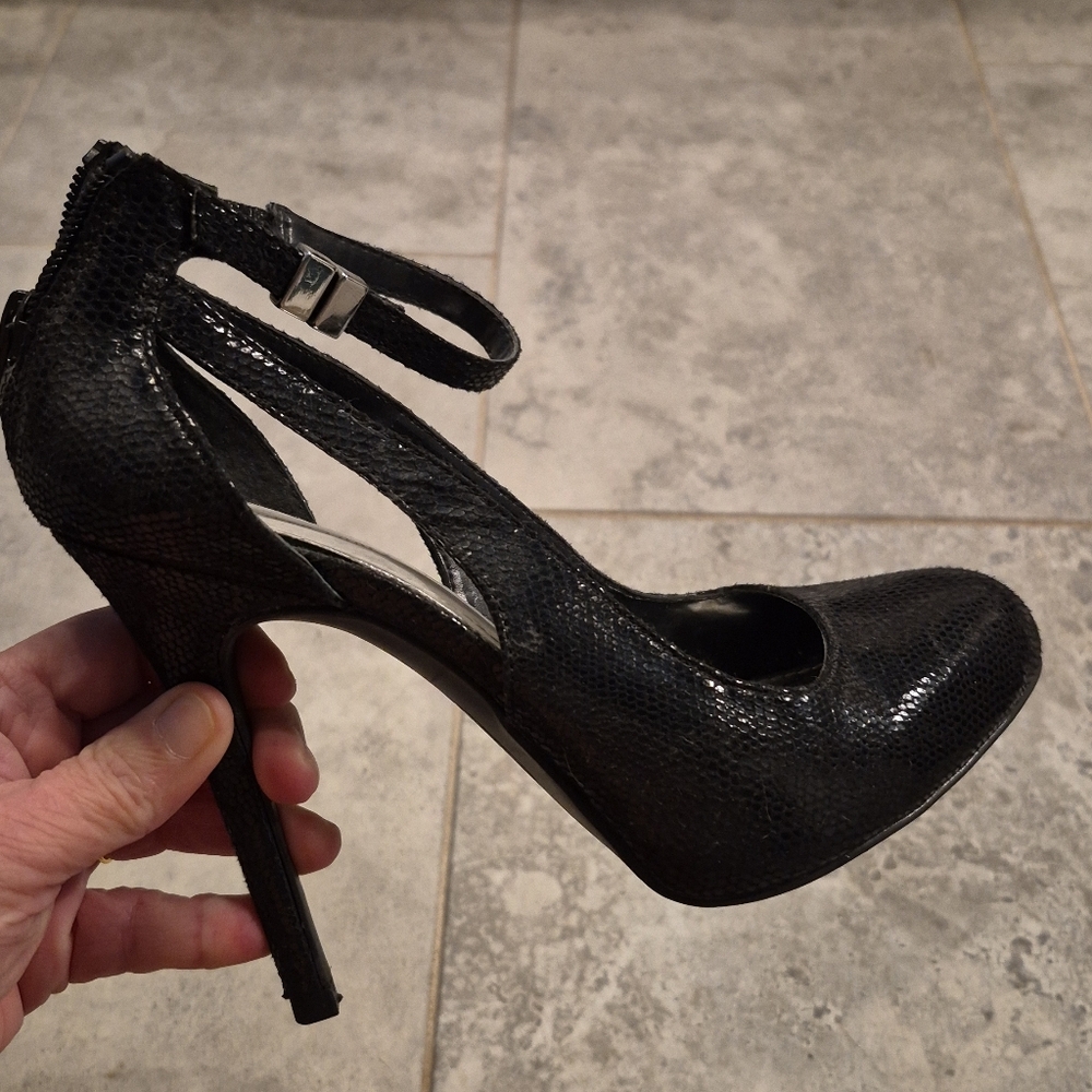 JLo Black Stiletto Heels, Faux Snake Skin